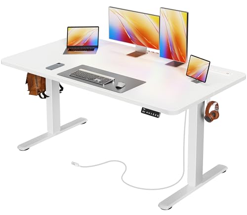 Huuger 전원 콘센트 및 USB-C 포트가 있는 전기 스탠딩 데스크, 139.9 x 61cm(55 x 24인치) 높이 조절 가능한 책상, 홈 오피스, 컴퓨터 및 게이밍 책상용 앉은 스탠드 데스크, 4개의 프리셋, 안정적인 스틸 프레임, 화이트 - color: 화이트., size: 55.1 x 23.6 inch