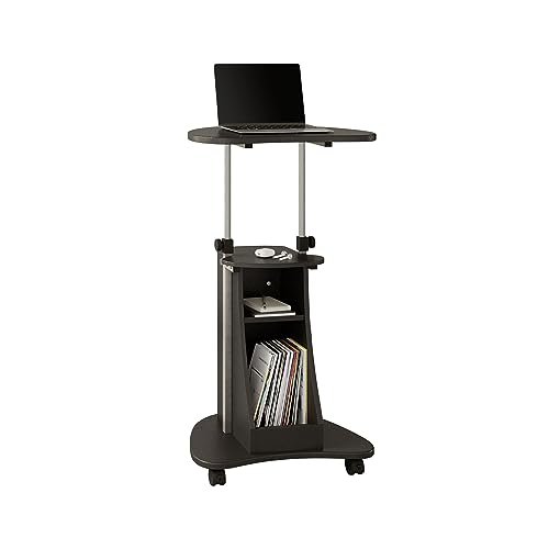 Techni Mobili Adjustable Height Rolling Laptop Cart with Storage, Graphite | Adjustable height rolling laptop cart with storage drawer, open shelf, wheels, sit‑stand design for office or medical use - color: Black Graphite