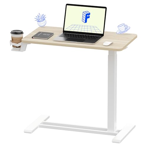 FLEXISPOT H7 28" Pneumatic Height-Adjustable Overbed Table with Wheels | C-shaped bedside table TV Tray,Medical End Side Table,Laptop desk for sofa and home office use,27.6"W x 15.7"D,White Wood - color: White Wood Grain, size: Small