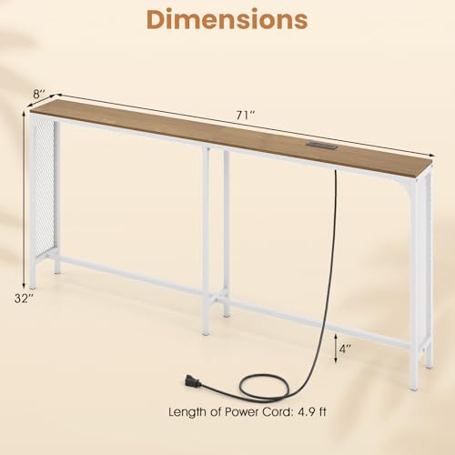 GIANTEX 71" Narrow Console Table with 2 Power Outlets and USB-C Ports | Sofa Table w/ Charging Station & Metal Frame, Skinny Behind Couch Tables, Long Entryway Tables for Living Room, Natural+White - color: Natural + White