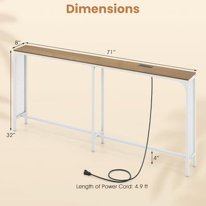 GIANTEX 71" Narrow Console Table with 2 Power Outlets and USB-C Ports | Sofa Table w/ Charging Station & Metal Frame, Skinny Behind Couch Tables, Long Entryway Tables for Living Room, Natural+White - color: Natural + White