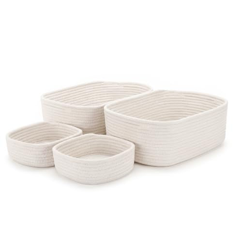 4-Pack Large Woven Rope Storage Baskets, 2 Sizes Organizer Bins | Fabric Cube Boxes and Rectangular Shallow Bins for Closet, Shelf, Bookshelf, Nursery, Changing Table, Bathroom, Toys & Home - color: white, size: 2pcs-14.96*11.02*5.11'' & 2pcs-7.08*7.08*2.
