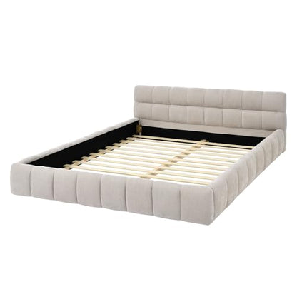 Queen Size Upholstered Cloud Bed Frame, Low Profile Platform Bed with Soft Chenille Headboard, Modern Floor Bed with Wooden Slats