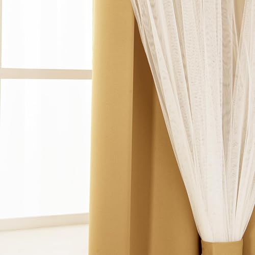 INLINAS Blackout Curtains with Sheer Overlay, Gold, 52x108 Inches | Grommet Top Double Layer Curtains for Bedroom and Living Room Thermal Reduction Light Blocking and Energy Saving, Set of 2 - color: Gold, size: 52"W x 108"L (Pack of 2)