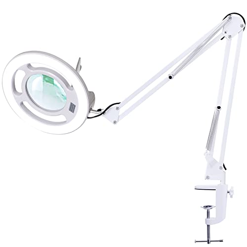 KIRKAS Magnifying Glass with Light, 2,200 Lumens Magnifying Lamp 12X | with Clamp, Stepless Dimmable Real Glass Lens Magnifier, Adjustable Arm Workbench Light for Close Work Hobby Repair - White - color: White