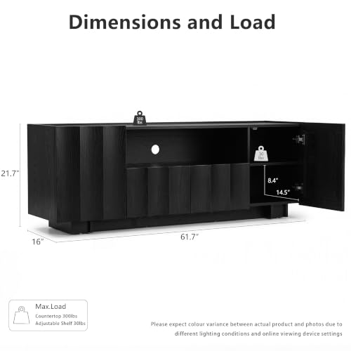 win2win 61" Modern TV Stand with Storage, Wave Design, Black | Media TV Console for Living Room Bedroom, Entertainment Center for 70 Inch TV, Wood Grain Finish, Adjustable Shelves - color: Black