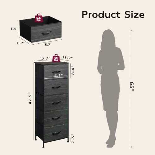 WLIVE 5 Drawer Dresser for Bedroom, Tall Chest of Drawers, Black Wood Grain | 5 vertical fabric drawers, Tall vertical design, Bedroom or closet use, Dresser for small spaces, Sturdy steel frame - color: Charcoal Black Wood Grain Print