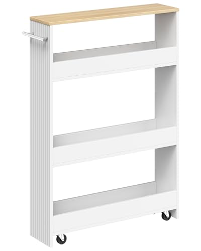Slim Storage Cart with Wheels, 5.5" Narrow 4-Tier Rolling Cart, Multi-Purpose Utility Cart for Kitchen, Bathroom, Laundry Room, Living Room, White and Natural MTC02WN