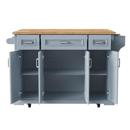 54inch Large Kitchen Island with Rubber Wood Drop Leaf,Embossed Texture Rolling Kitchen Cart On 4 Wheels with 4 Doors and 3 Drawers, Storage for Dining Room (Grey Blue-0t) - color: Grey Blue-0t)