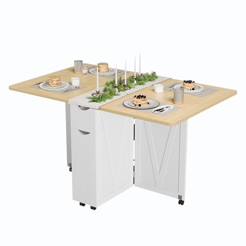 Folding Dining Table with 6 Wheels – Drop Leaf, Drawer & Storage Shelf – Modern Space-Saving Kitchen & Restaurant Furniture for Apartments