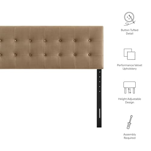 Modway Emily Full Size Performance Velvet Headboard in Taupe - Stain-Resistant Velvet Upholstery with Button Tufting and 7 Adjustable Height Positions - color: Taupe, size: Full