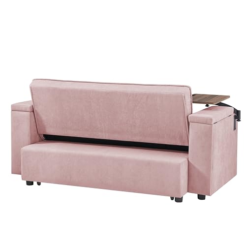 66" Multi-Functional Pull-Out Sofa Bed with Hidden Side Table, Storage Armrests, Built-in Charging Port, Spring Mattress, Solid Wood Frame – Ideal for Small Spaces, Easy Assembly - color: 1007--pink