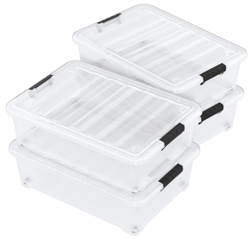 25 Quart Clear Plastic Underbed Storage Bins with Wheels, 4 Packs | Stackable Plastic Under Bed Latching Organization Box with Lids - size: 25 Quart