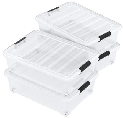 25 Quart Clear Plastic Underbed Storage Bins with Wheels, 4 Packs | Stackable Plastic Under Bed Latching Organization Box with Lids - size: 25 Quart