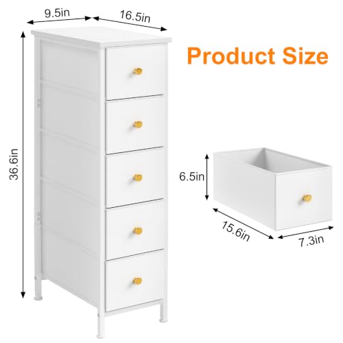 Fixwal Narrow Storage Cabinet, Slim Dresser with 5 Fabric Drawers, White | 9.5in width, sturdy & stable structure, solid steel frame, wooden top, suitable for bedroom, bathroom & laundry room - color: White, size: 16.5"D x 9.5"W x 36.6"H (5 Drawers)