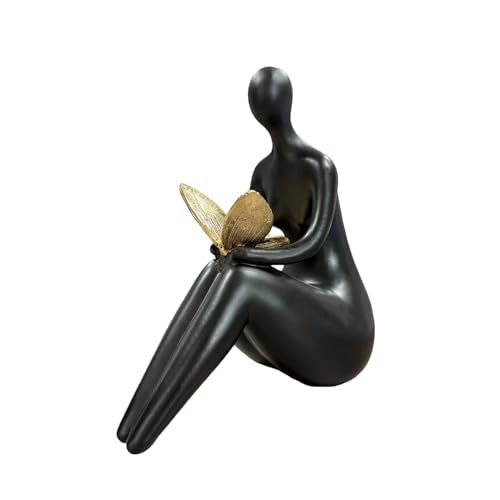 Lescafita Black Abstract Sitting Figurine with Gold Butterfly – Modern Resin Sculpture for Shelf, Desk, Living Room & Office Decor, Minimalist Shelf Sitter Statue for Home Decoration - color: B2