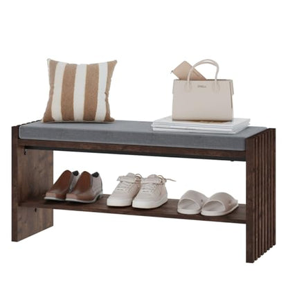 40" Storage Bench with Plush Cushion & 2-Tier Organizer, Modern Entryway Ottoman Bench for Hallway, Mudroom, Bedroom (Rustic Oak) - color: Rustic Oak