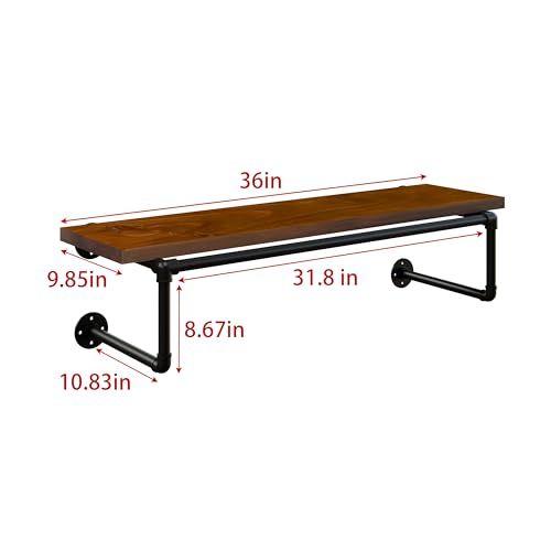 Clothes Rack 36in, Wall Mounted Garment Racks with Real Walnut Wood Shelves, Heavy Duty Hanging Clothes Rack, Multi-Purpose Hanging Rod, Space-Saving Closet Storage - color: Walnut, size: 1T36IN
