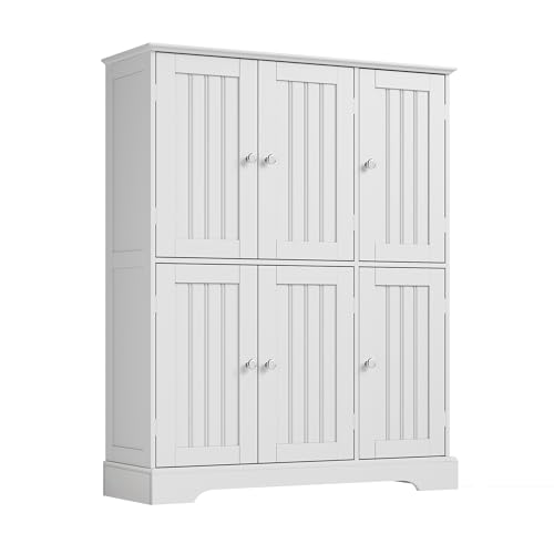 ChooChoo Bathroom Floor Cabinet with 6 Doors and Adjustable Shelves | Modern Bathroom Storage Cabinet, Freestanding Cupboard for Living Room, White - color: White, size: 11.81"D x 34.69"W x 43.5"H