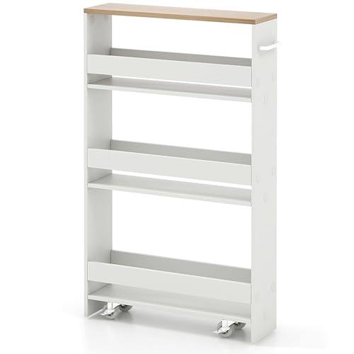 MAT EXPERT Slim Rolling Storage Cart, 4-Tier Freestanding Slim Storage Cart with Wheels 360 Degree & Metal Handle, Wooden Utility Cart for Narrow Kitchen, Laundry Room, Bathroom (White + Natural) - color: White + Natural