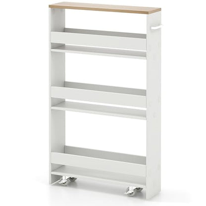 MAT EXPERT Slim Rolling Storage Cart, 4-Tier Freestanding Slim Storage Cart with Wheels 360 Degree & Metal Handle, Wooden Utility Cart for Narrow Kitchen, Laundry Room, Bathroom (White + Natural) - color: White + Natural