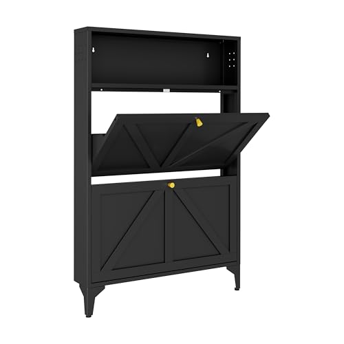 Silm Shoe Cabinet with 2 Flip Drawers,Hidden Shoe Storage Cabinet,Metal Freestanding Organizer,Narrow Shoe Cabinet Storage for Entryway,Hallway,Living Room(2 Door, Black) - color: Black, style: 2 door