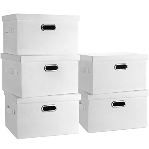 Graciadeco Medium 15" 21 Quart Collapsible Stackable Storage Bins with Lids, 5 Packs White Foldable Fabric Closet Storage Boxes with Lids, Lidded Heavy-duty Linen Baskets(15x11x8) | 21 Quart 5 Pack White Collapsible Stackable Linen Fabric 4 Handles Bedroo