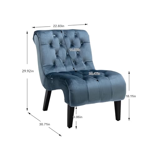 Comfy Velvet Accent Chair, Tufted Armless Side Chair with Rolled Edge | Modern Small Lounger for Living Room, Upholstered Reading Chaise Lounge with Solid Rubber Wood Legs, Blue - color: Blue, size: Set of 1