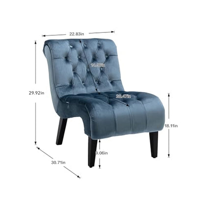Comfy Velvet Accent Chair, Tufted Armless Side Chair with Rolled Edge | Modern Small Lounger for Living Room, Upholstered Reading Chaise Lounge with Solid Rubber Wood Legs, Blue - color: Blue, size: Set of 1