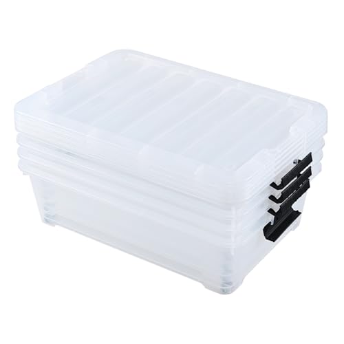 Vababa 25 L Wheeled Under Bed Clear Plastic Storage Bins with Lid, Set of 4 | Clear Plastic Material, Side Latch Clasps, Detachable Rolling Wheels, Low Under Bed Profile Design,For Household Organizers