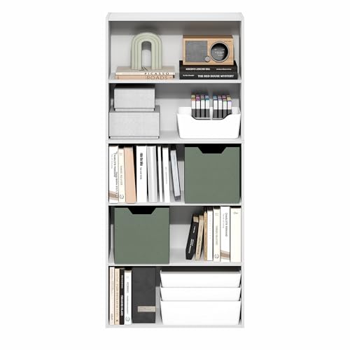 Furinno Jaya Book Shelf, 5-Tier Bookshelf, 52 Inch Tall Standing Bookcase with Adjustable Shelf, 9.5 x 23.6 x 52.6, for Home Office, Bedroom, Living Room, White - color: White, size: 5-Tier, 9.5 x 23.6 x 52.6