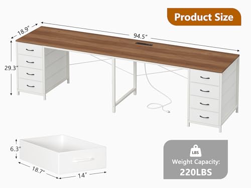 95" 2 Person Desk with 8 Fabric Drawers for Home Office, Living Room | Long Computer Desk Office Desks with Storage, Two Person Double Desks with Power Outlets, Brown and White - color: Brown and White, size: 18.9"D x 94.5"W x 29.3"H