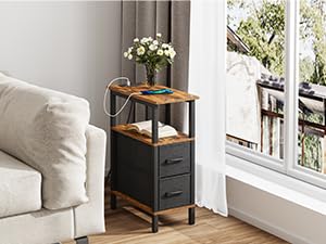 2 Set Narrow Side Table for Small Spaces, Skinny End Table with Charging Station, Sofa Beside Table with 2 Drawers 1 Open Compartment, Slim Nightstand with USB Ports Outlet, Rustic and Brown UTBT004F2 - color: Rustic Brown