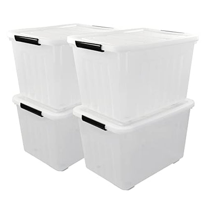 4-Pack 70 L Large Clear Storage Boxes, Plastic Latching Boxes | Extra Large Capacity, Secure Latch Lock Lids, Smooth Rolling Wheels, Multi-Purpose Storage Bin, for Closet Garage Basement - size: 70 L