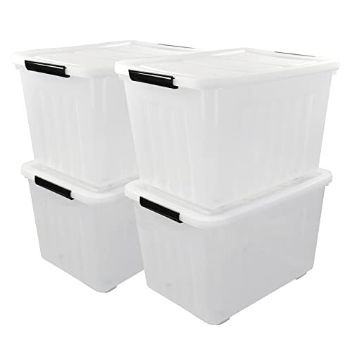 4-Pack 70 L Large Clear Storage Boxes, Plastic Latching Boxes | Extra Large Capacity, Secure Latch Lock Lids, Smooth Rolling Wheels, Multi-Purpose Storage Bin, for Closet Garage Basement - size: 70 L