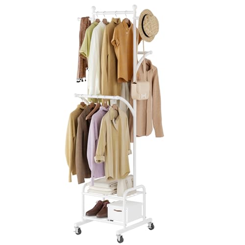 Rolling Clothes Rack with 2 Shelves, Small Metal Clothing Rack with Wheels | Gasvadivum 71" Tall Sturdy Garment Rack with 3 Hanging Rods, Freestanding Portable Coat Rack for Laundry Room, Bedroom, White - color: White