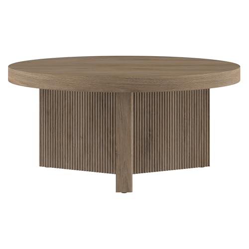 Henn&Hart 32" Scandinavian Fluted Coffee Table, Weathered Gray | Ribbed pedestal base and low profile bring Scandinavian style to small spaces including living rooms or family rooms - color: Weathered Gray, size: 32 inches