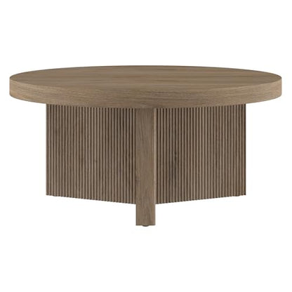 Henn&Hart 32" Scandinavian Fluted Coffee Table, Weathered Gray | Ribbed pedestal base and low profile bring Scandinavian style to small spaces including living rooms or family rooms - color: Weathered Gray, size: 32 inches