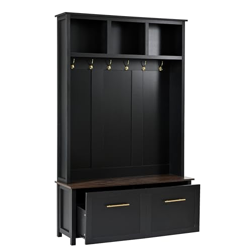 JIVOIT 4-in-1 Entryway Hall Tree with Brown Wood Grain Storage Bench, Wood Entryway Coat Hanger Hall Tree with 6 Golden Hooks, 2 Drawers, Coat Rack for Living Room, Hallway (Black/31) - color: Black/31
