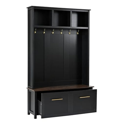 JIVOIT 4-in-1 Entryway Hall Tree with Brown Wood Grain Storage Bench, Wood Entryway Coat Hanger Hall Tree with 6 Golden Hooks, 2 Drawers, Coat Rack for Living Room, Hallway (Black/31) - color: Black/31