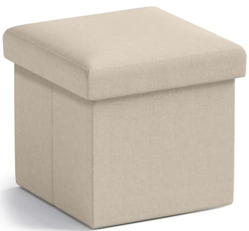 Ornavo Home Small Square Storage Ottoman, Foldable Linen, 12x12x12, Beige | Collapsible Cube Design; Foot Rest Stool Seat; Ideal for Living Room, Bedroom, Home Office or Dorm - color: Beige