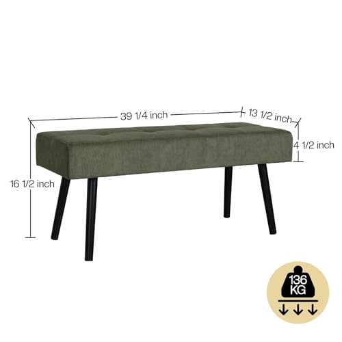 Comfy to go Entryway Bench - Green Bench for Bedroom, Modern Ottoman End of Bed, Corduroy Padded Benches for Living Room, Foyer, Mudroom, Hallway - 39" L x 14" W x 17" H | Corduroy Padded Benches for Living Room, Foyer, Mudroom, Hallway - 39" L x 14" W x