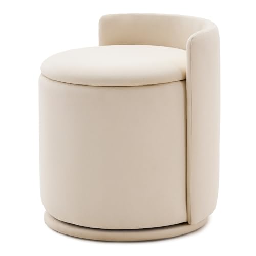 360° Swivel Makeup Chair with Storage, Upholstered Accent Stool with Back, Round Vanity Stool Ottoman for Living Room, Makeup Room, Bedroom (Cream) - color: Cream