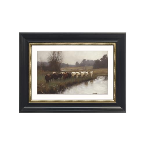 Gatheroad Black Framed Vintage Canvas Wall Art Prints, Landscape Wall Art, Retro Rustic Aesthetic Decor, Farmhouse Animal Home Accent for Living Room Bedroom Office Bathroom, 12x16in - color: Dusky Cattle, size: 12X16inch