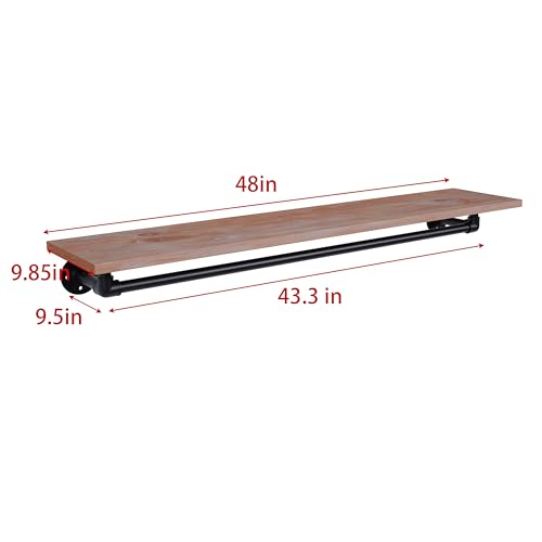 Clothes Rack 48in, Wall Mounted Garment Rack with Real Wood Shelf, Heavy Duty Hanging Clothes Rack, Multi-Purpose Hanging Rod, Space-Saving Closet Storage - color: Brown, size: 1T48IN