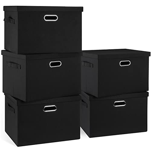 Graciadeco Large 17" 36 Quart Collapsible Stackable Storage Bins with Lids, 5 Packs Black Linen Fabric Closet Boxes with Lids, Storage Cube Baskets Container Organizers for Bedroom Office(17 x12 x11) | 36 Quart 5 Pack Black Collapsible Stackable Linen Fab