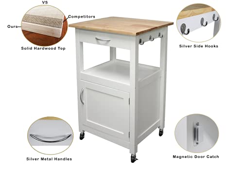 Kitchen Island Cart on Wheels, White Base | Drawer, Storage Cabinet, Shelf, Natural Solid Hardwood Top - color: White