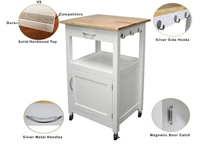 Kitchen Island Cart on Wheels, White Base | Drawer, Storage Cabinet, Shelf, Natural Solid Hardwood Top - color: White