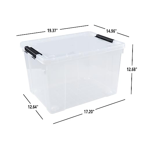 4-Pack 50 L Clear Plastic Storage Bin, Large Latch Box with Wheels | Heavy-duty plastic, bottom rolling wheels, large capacity storage box, suitable for closet, garage and attic storage - size: 50 L
