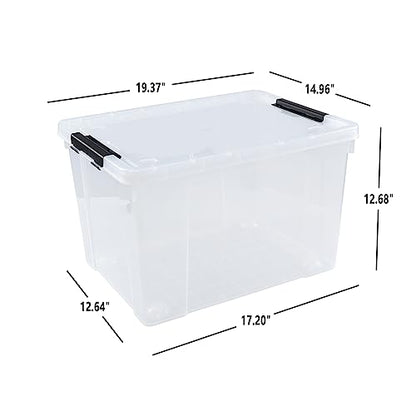 4-Pack 50 L Clear Plastic Storage Bin, Large Latch Box with Wheels | Heavy-duty plastic, bottom rolling wheels, large capacity storage box, suitable for closet, garage and attic storage - size: 50 L